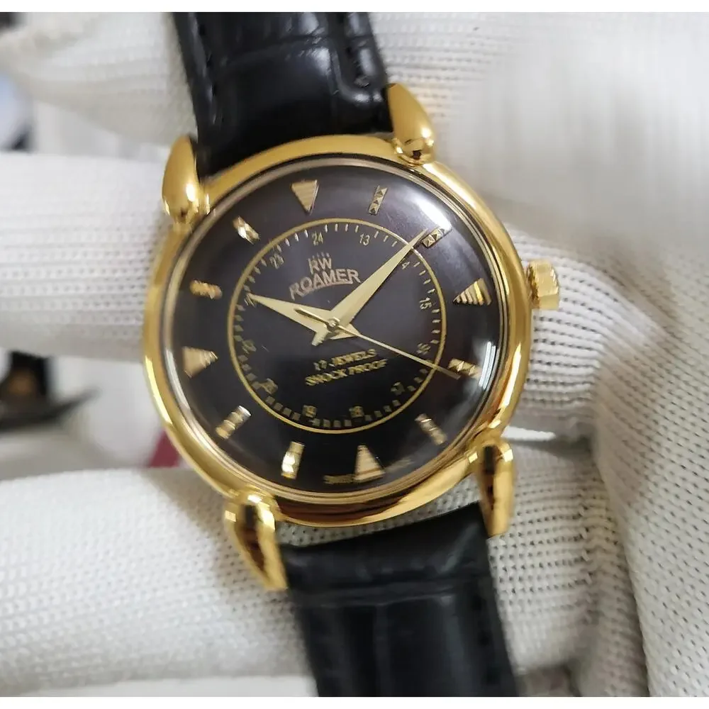 Vintage 1981 Roamer Manual Mens Gold Watch W/Leather Strap & Black accents